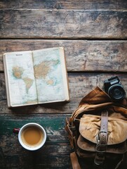 Aufkleber - Cozy flatlay featuring a cup of coffee, travel guide, and camera on a rustic wooden table ideal for planning adventures. Generative AI
