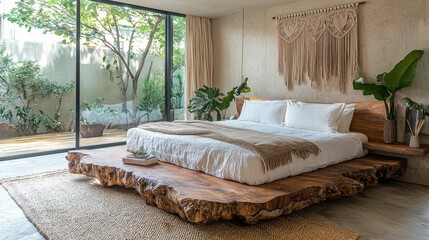 Wall Mural - A beautifully designed bedroom featuring a wooden platform bed, natural decor, and large windows showcasing greenery. Emphasizes sustainable elements and eco-friendly materials.