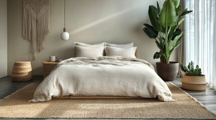 Wall Mural - A serene bedroom featuring a large bed with beige bedding, a potted plant, and natural decor, promoting a calming atmosphere for relaxation.