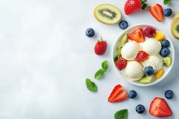 Wall Mural - Dessert of fresh fruit salad and ice cream on a white backdrop