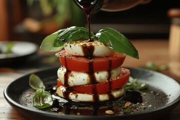 Sticker - Drizzling balsamic vinegar over a layered Caprese salad with pesto close up on the table