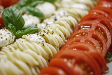 Wall Mural - Fusilli pasta mixed with Caprese style ingredients tomato mozzarella and basil