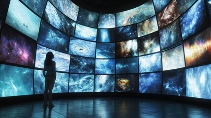 Wall Mural - A woman stands in a dark room surrounded by screens displaying images of outer space, surrounded by technology.