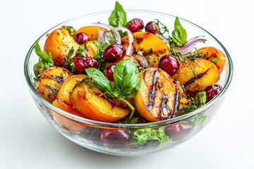 Wall Mural - Healthy grilled peach Caprese salad featuring organic cherry tomatoes cranberries onions lemon juice and extra virgin olive oil served in a clear bowl on a whit