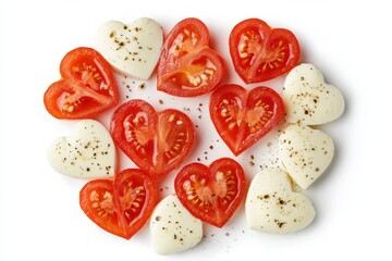 Poster - Heart shaped Caprese salad with tomatoes and mozzarella for Valentine s Day on a white background