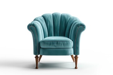 Art deco turquoise velvet armchair with wooden legs  isolated on white.