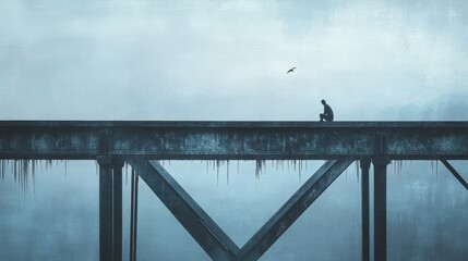 Poster - A lone figure reflects on a foggy bridge surrounded by an atmosphere of isolation and silence during twilight. Generative AI
