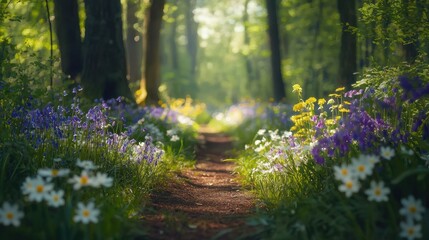 Wall Mural - Sunlit forest path with wildflowers. (1)