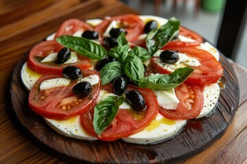 Wall Mural - Italian or Mediterranean Caprese salad with tomatoes mozzarella basil olives and olive oil on a wooden table