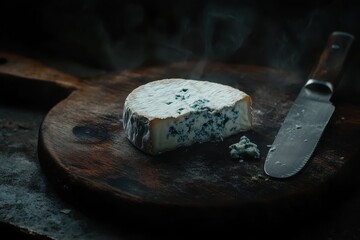 Wall Mural - Moldy semi soft cow s milk cheese Stilton is a top blue cheese A wedge on a dark wooden board with a knife for slicing Subtle background ample copy space