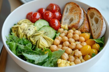 Canvas Print - New season salad featuring chickpeas artichokes cherry tomatoes cucumbers and baby greens presented with bread in a white bowl