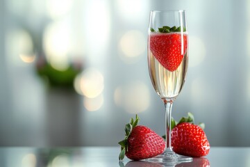 Wall Mural - New strawberry in champagne glass on shiny floor