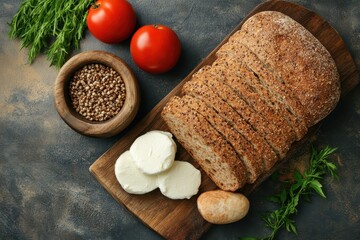 Wall Mural - Nutritious sandwiches made with mozzarella tomatoes and rye bread Overhead view