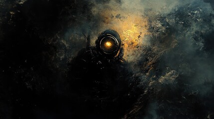 Wall Mural - A lone astronaut in a dark and dusty cave with a glowing light emanating from his helmet, creating a sense of mystery and isolation.