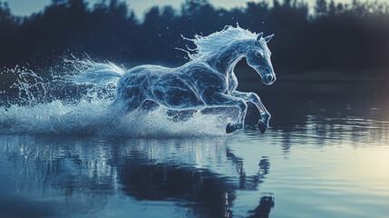 Wall Mural - A mystical horse made of water galloping through a calm lake, its body splashing and reforming as it moves, symbolizing fluidity and freedom. 