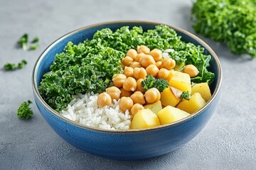 Wall Mural - Plant based chickpea and potato curry served with rice and kale in a blue bowl against a gray backdrop