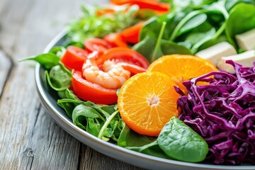 Wall Mural - Plated fresh shrimp salad with tomatoes spinach cabbage and tangerine jam alongside a vegetarian beet and tofu salad set on a wooden table High quality image