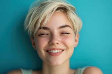 Portrait of a young blonde woman from the Millennial generation winking and smiling