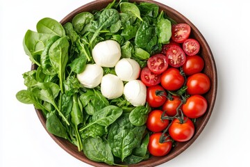 Wall Mural - Salad blend of arugula spinach chard cherry tomatoes and mozzarella in a bowl against a white backdrop Bird s eye view