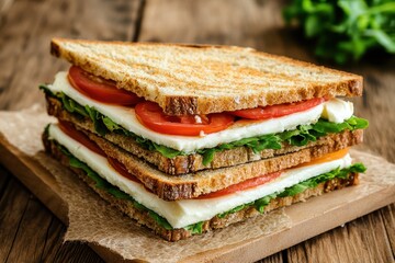 Poster - Savory sandwiches featuring mozzarella tomatoes and rye bread Overhead view