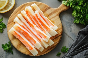 Wall Mural - Sliced surimi crab sticks on a wooden board Ready to eat Long format overhead view