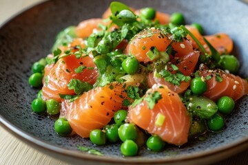 Wall Mural - Smoked salmon salad with peas made at home