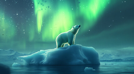 Wall Mural - A polar bear standing on a floating iceberg, looking up at the aurora borealis, symbolizing the beauty and fragility of the Arctic ecosystem. 