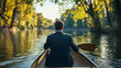 © Oleksandr - A professional in a suit drifting down a lazy river in a canoe, with trees arching overhead, symbolizing the calming flow of time and the need to relax from daily pressure.