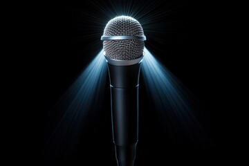 Wall Mural - Stage microphone illuminated by a bright spotlight against a dark backdrop