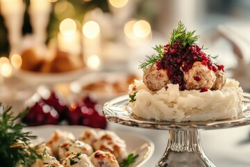 Wall Mural - Swedish fricandel served with mashed potatoes creamy brown sauce and lingonberry sauce Traditional meatballs with sides Close up view