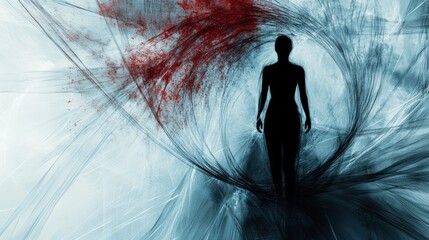 Aufkleber - Surrounded by abstract lines and colors, a silhouette conveys the feeling of isolation and introspection in a chaotic world. Generative AI