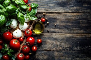 Wall Mural - Tomato mozzarella and basil dish Italian Mediterranean meal on wood