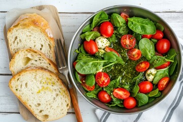 Wall Mural - Top view of a metal bowl with cherry tomatoes baby spinach mozzarella and pesto alongside slices of ciabatta on a rustic wooden surface