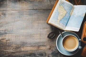 Aufkleber - Cozy travel flatlay with coffee and open travel guide for planning adventures in a rustic setting. Generative AI