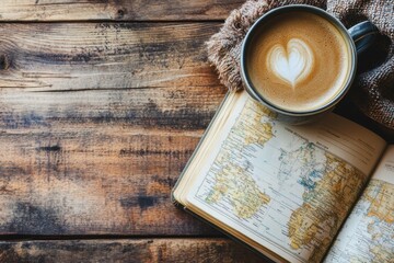 Poster - Cozy flatlay showing a cup of coffee and an open travel guide on a wooden table for inspired travel planning moments. Generative AI