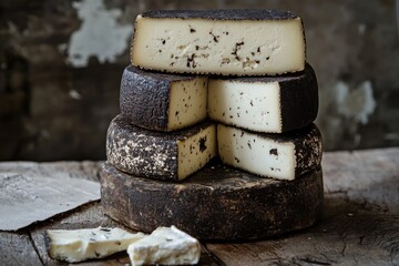 Wall Mural - Variety of cheeses on aged wooden surface close up