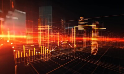 Wall Mural - abstract technology concept with glowing, digital data lines and 3d grid on dark background