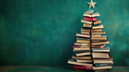 Leinwandbilder - Creative holiday display featuring a Christmas tree made of books against a green backdrop for festive inspiration. Generative AI