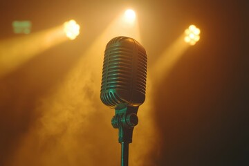 Wall Mural - Vintage microphone for recording or addressing an audience on stage in a dim retro club setting highlighted by smoky effects and yellow spotlights