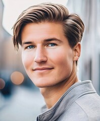 Young man smiling softly, standing confidently against urban backdrop, radiating calm and self assurance