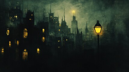 Aufkleber - Mysterious dark cityscape with illuminated windows and a vintage streetlamp in a haunting atmosphere. Generative AI
