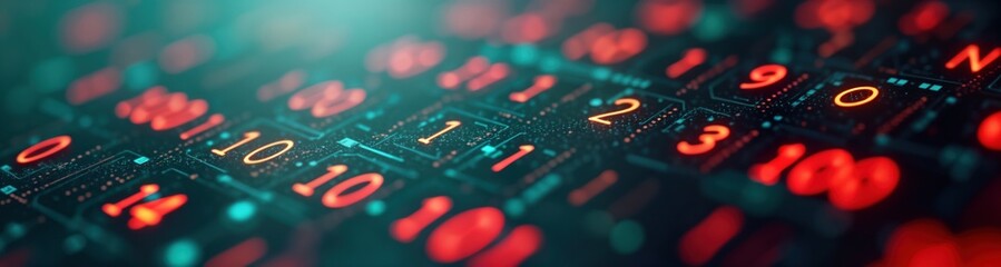 Abstract tech background shows digital binary code. Networked data patterns create futuristic design. Information technology concepts highlighted. Futuristic, modern tech background. Cybersecurity,