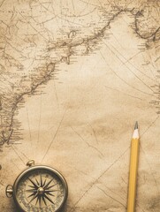 Leinwandbilder - Vintage map and compass with pencil on textured paper, perfect for travel planning or exploration themes. Generative AI