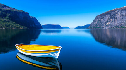Naklejka na meble A serene fishing boat anchored in tranquil waters surrounded by majestic cliffs and a clear blue sky in Norway