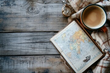 Leinwandbilder - Cozy travel flatlay showcasing a cup of coffee and an open travel guide on rustic wooden surface. Generative AI