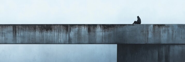 Poster - Solitary figure on a foggy bridge reflecting loneliness at twilight. Generative AI