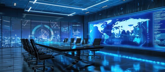 Wall Mural - futuristic boardroom with holographic displays showcasing global data and city skyline.