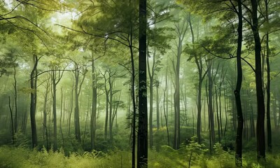 Wall Mural - misty forest at dawn with sunlight filtering through trees