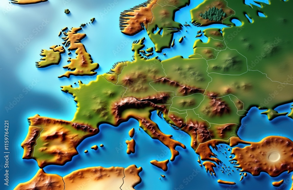 Detailed relief map of Europe. 3D illustration displays varied terrain ...