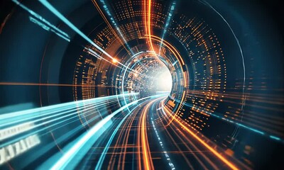 Wall Mural - futuristic digital tunnel with dynamic light trails and data streams